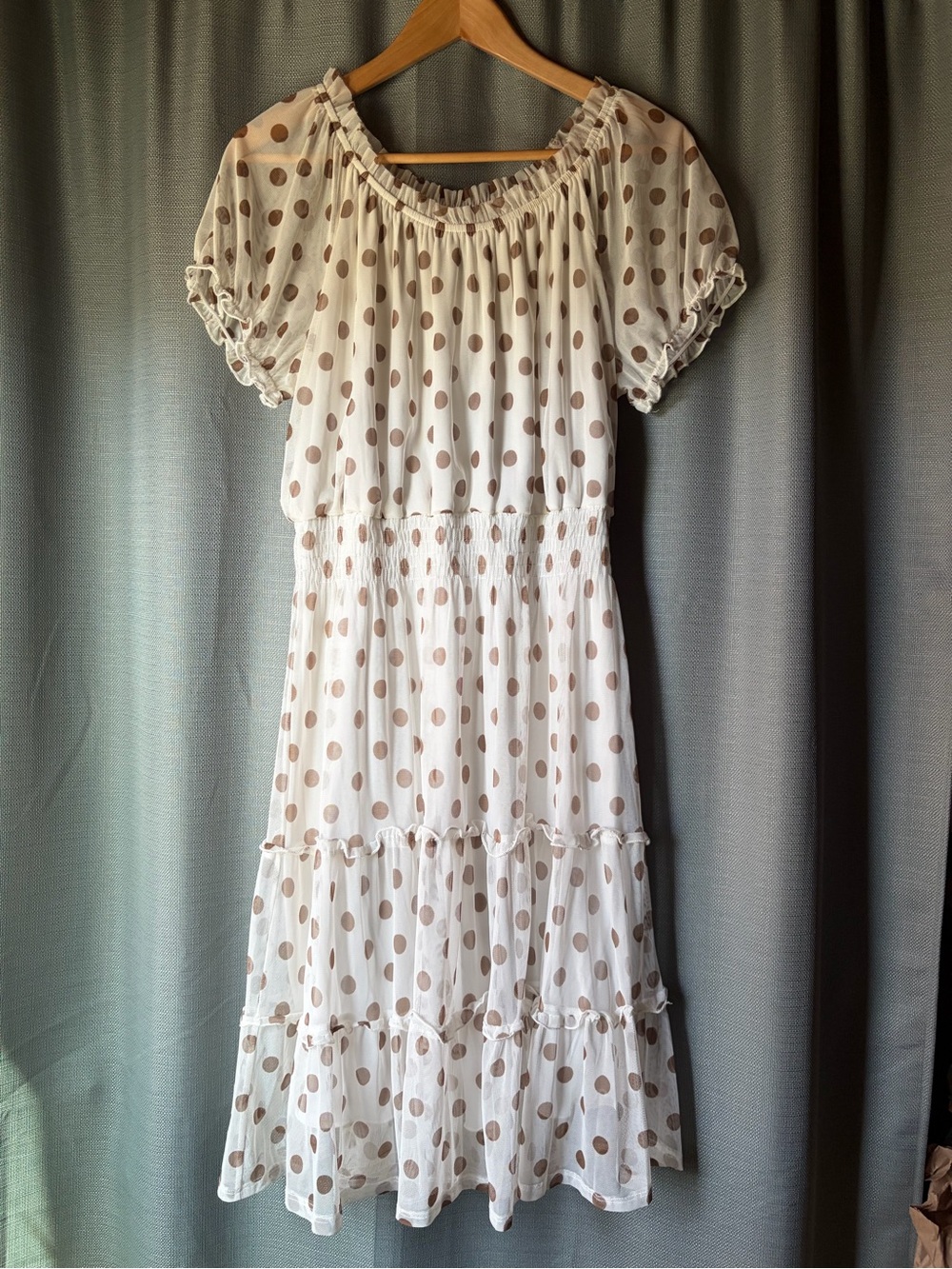 Kate and Lily Cream Polka Dot Tiered Midi Dress with Brown Dots
